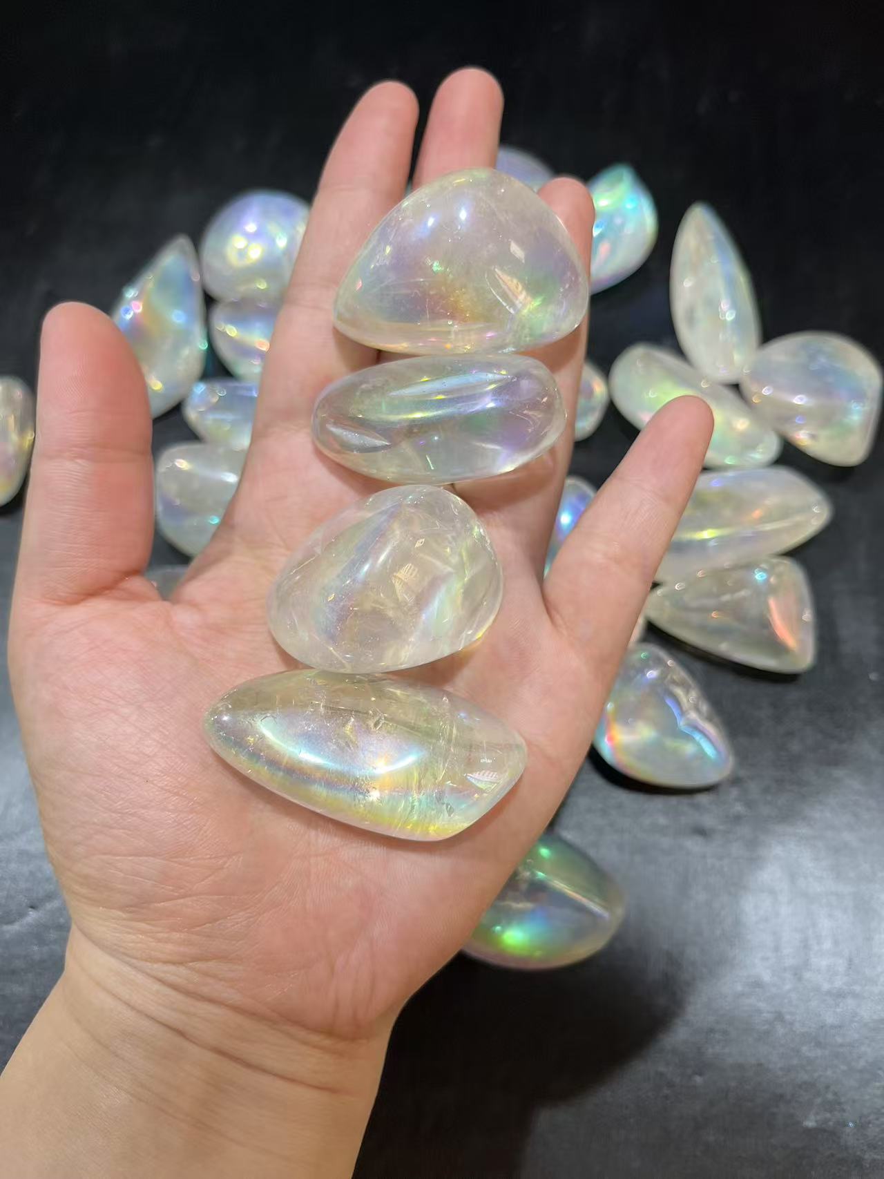 Aura clear quartz tumbles