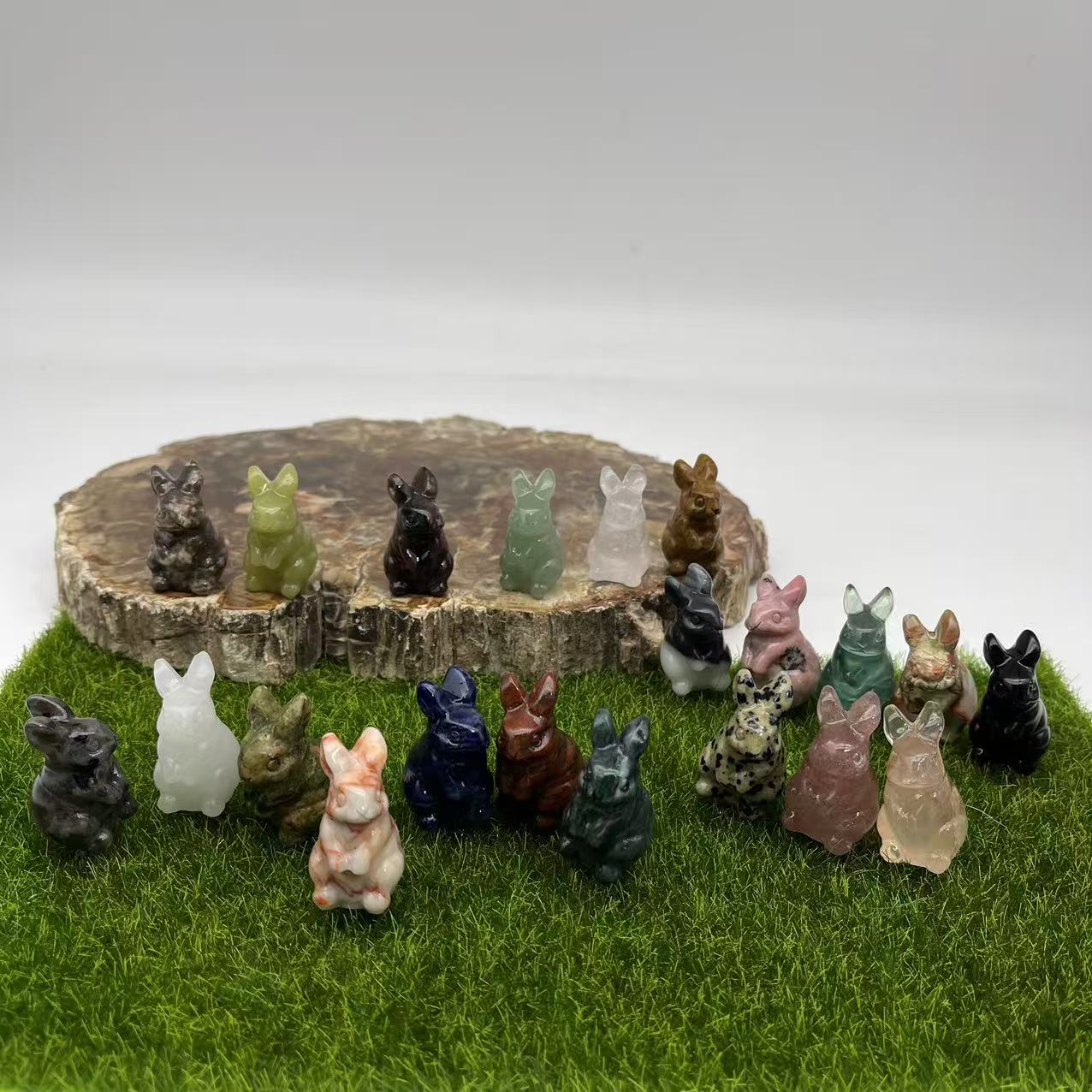 Rabbits made from various crystal materials
