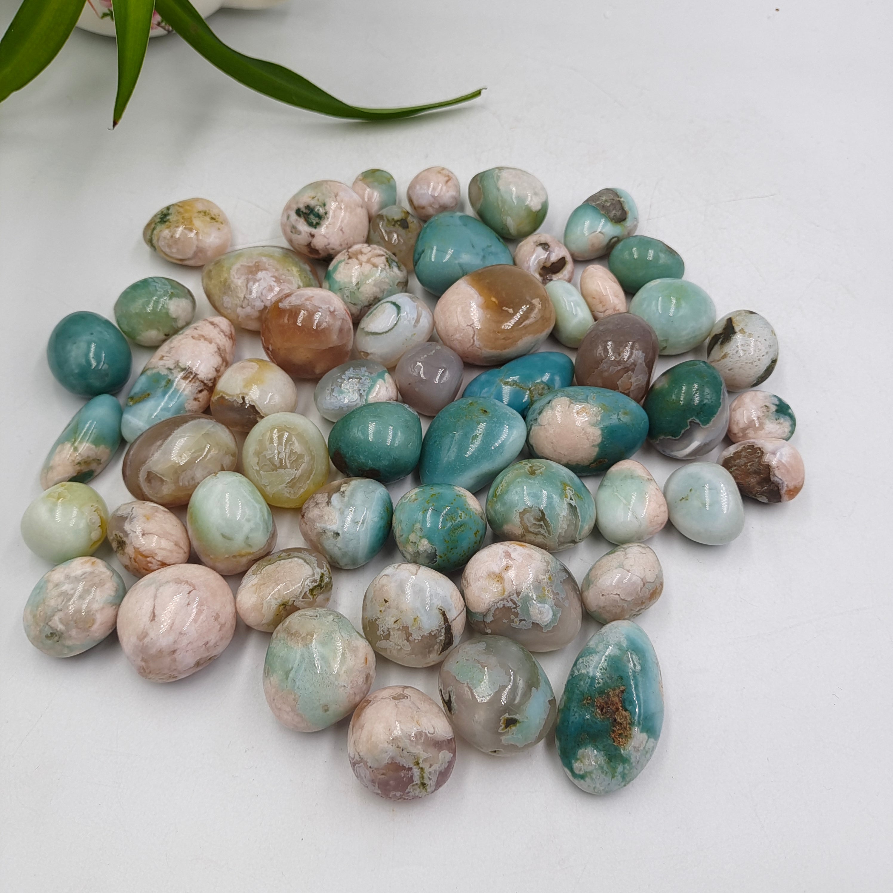 Green flower agate tumbles