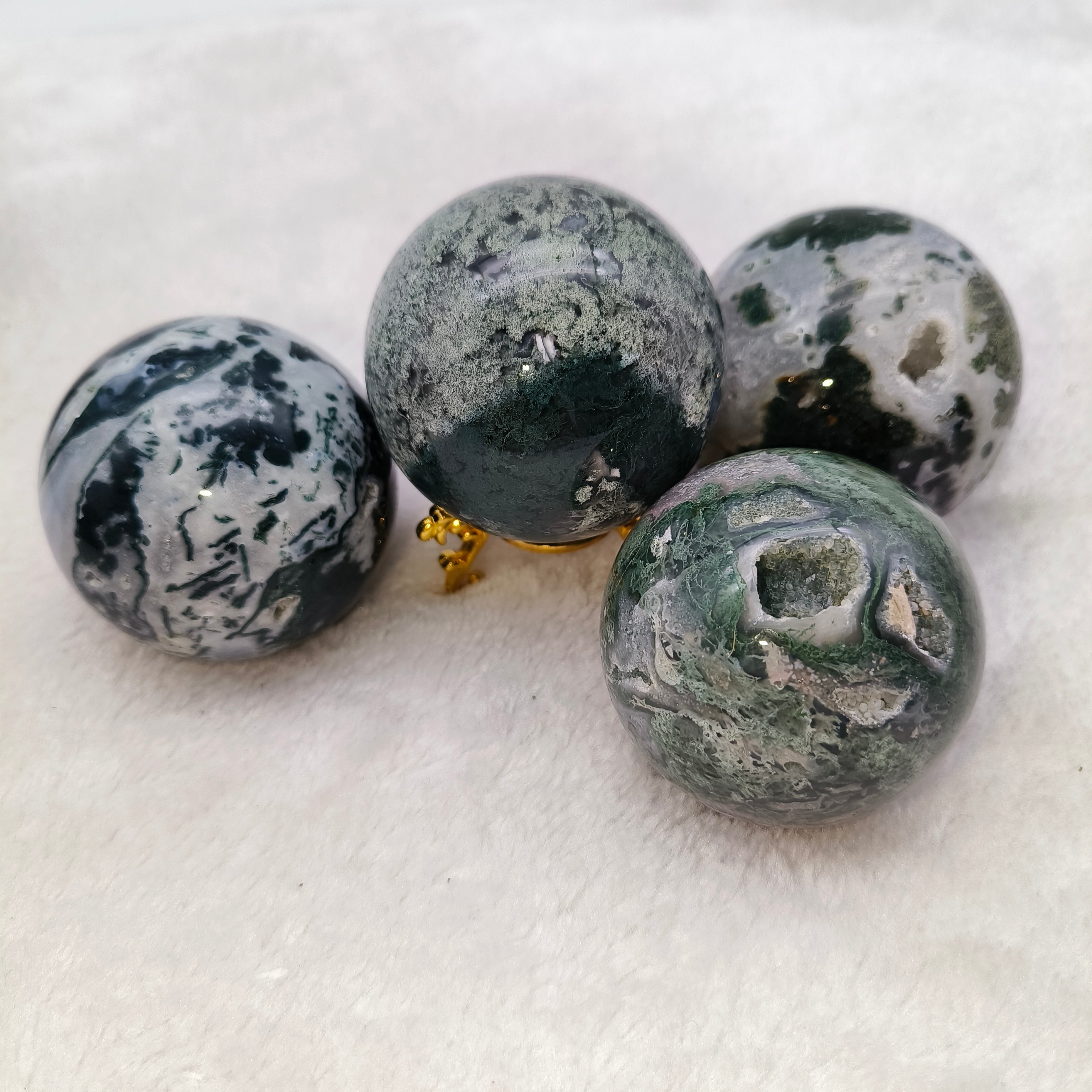 Moss agate spheres