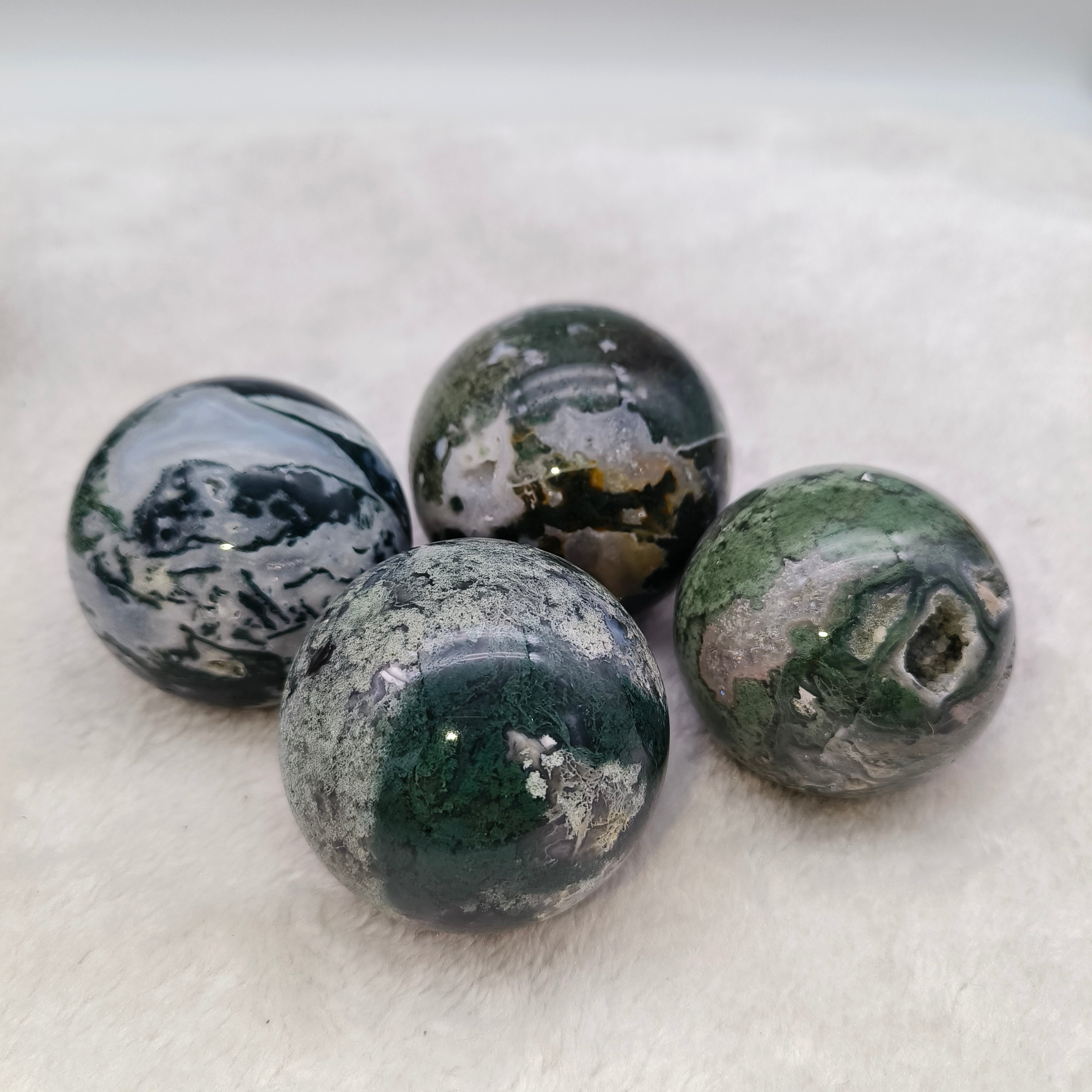 Moss agate spheres