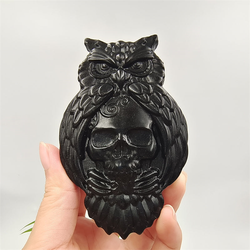 Obsidian, labradorite owl with skull