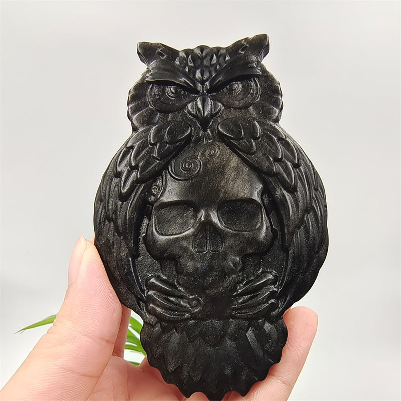 Obsidian, labradorite owl with skull