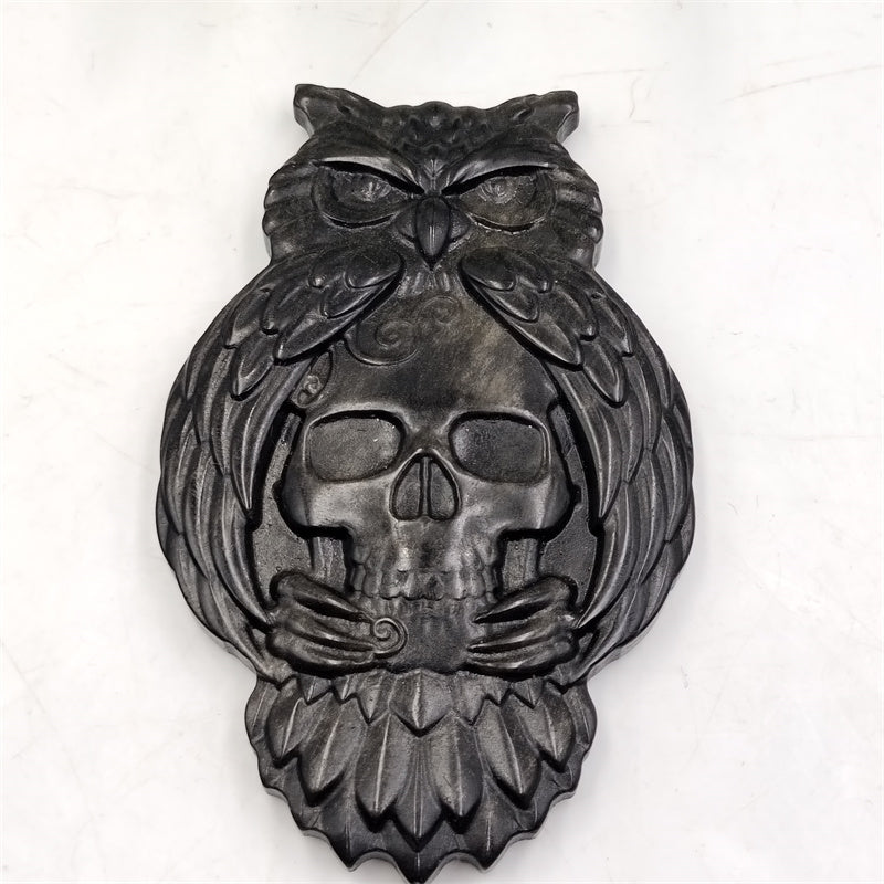 Obsidian, labradorite owl with skull